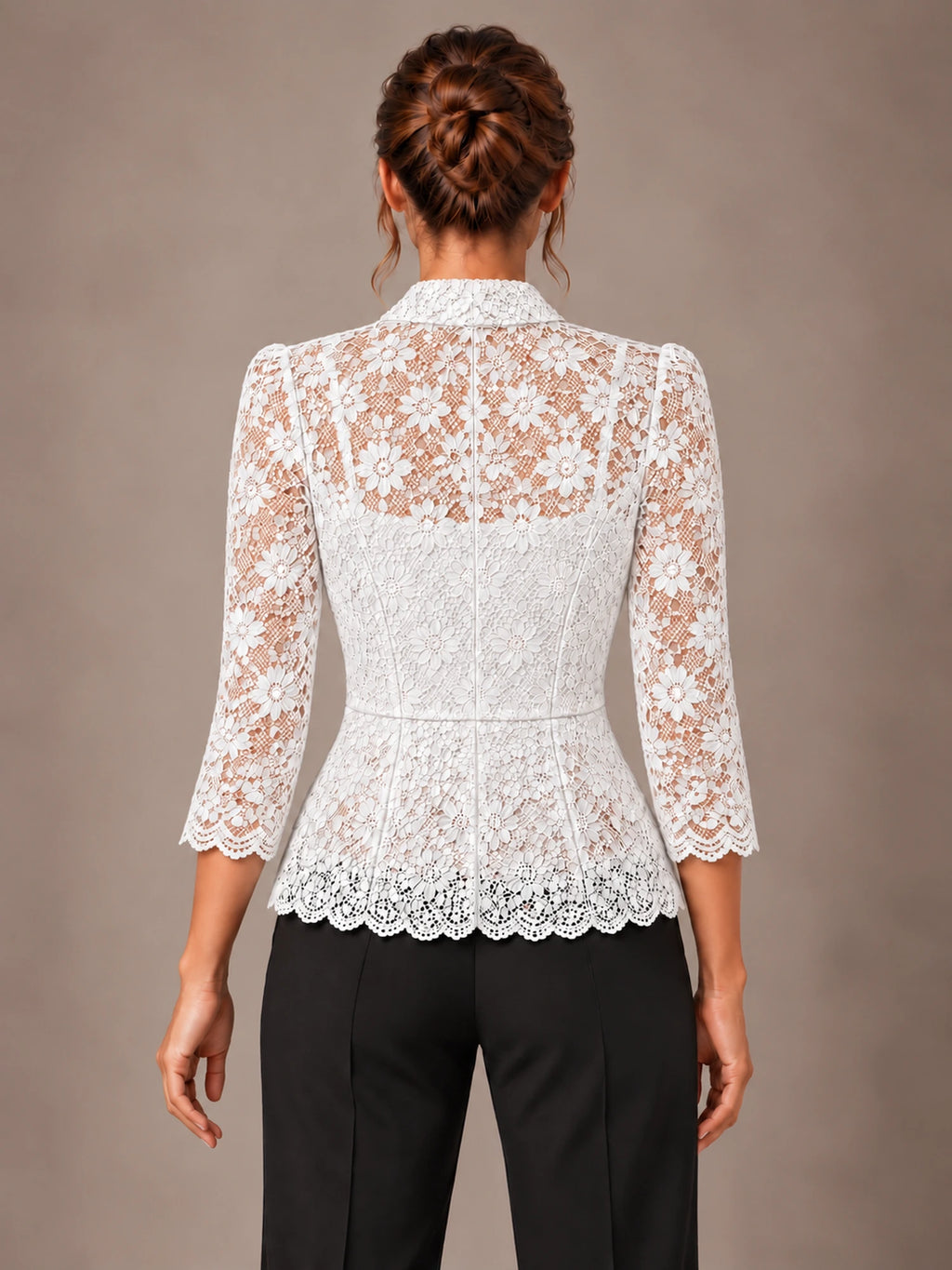 Women's Lace Peplum Jacket – Single Button Notch Lapel in White, back view