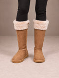 Women's Flat Knee-High Winter Boots – Fleece Cuff Faux Suede in Tan, front view