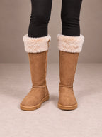 Women's Flat Knee-High Winter Boots – Fleece Cuff Faux Suede in Tan, front view