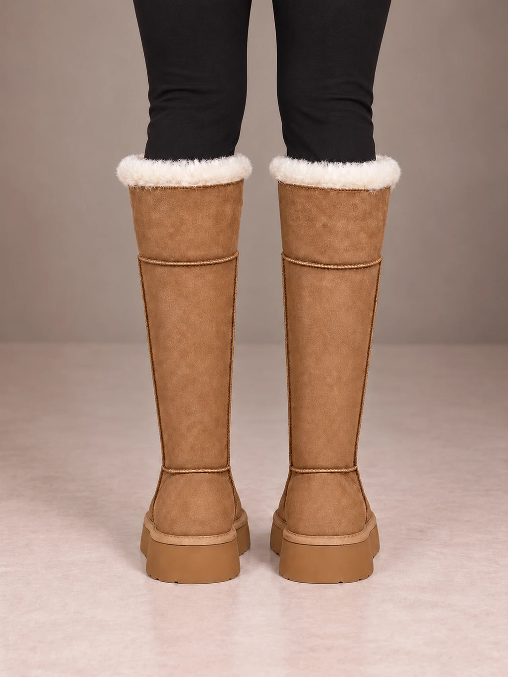 Women's Fleece-Lined Knee-High Boots – Platform Sole Faux Suede in Tan, back view