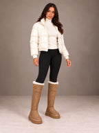 Women's Fleece-Lined Knee-High Boots – Platform Sole Faux Suede in Tan, on model view