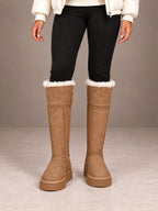 Women's Fleece-Lined Knee-High Boots – Platform Sole Faux Suede in Tan, front view