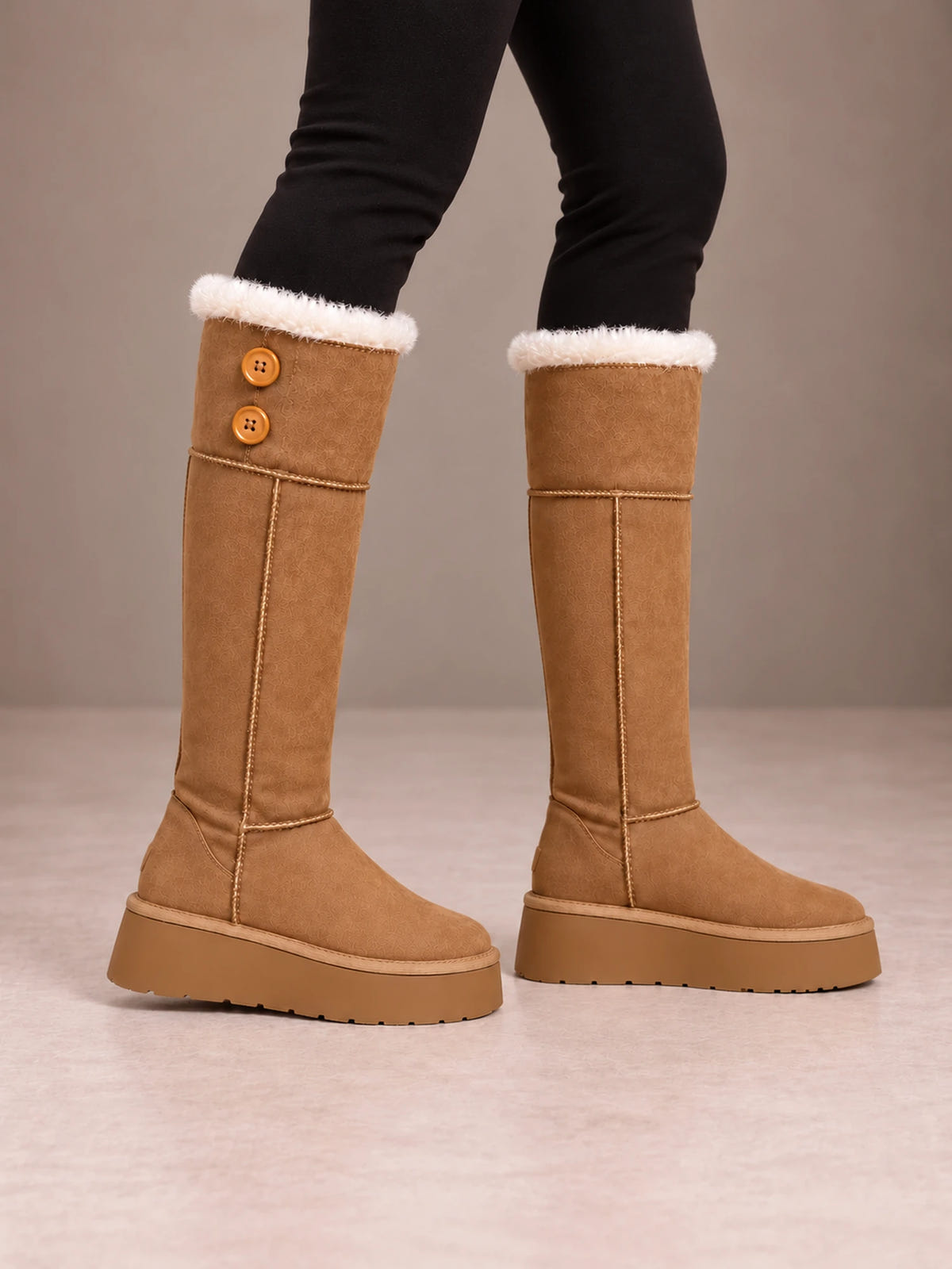 Women's Fleece-Lined Knee-High Boots – Platform Sole Faux Suede in Tan, side view