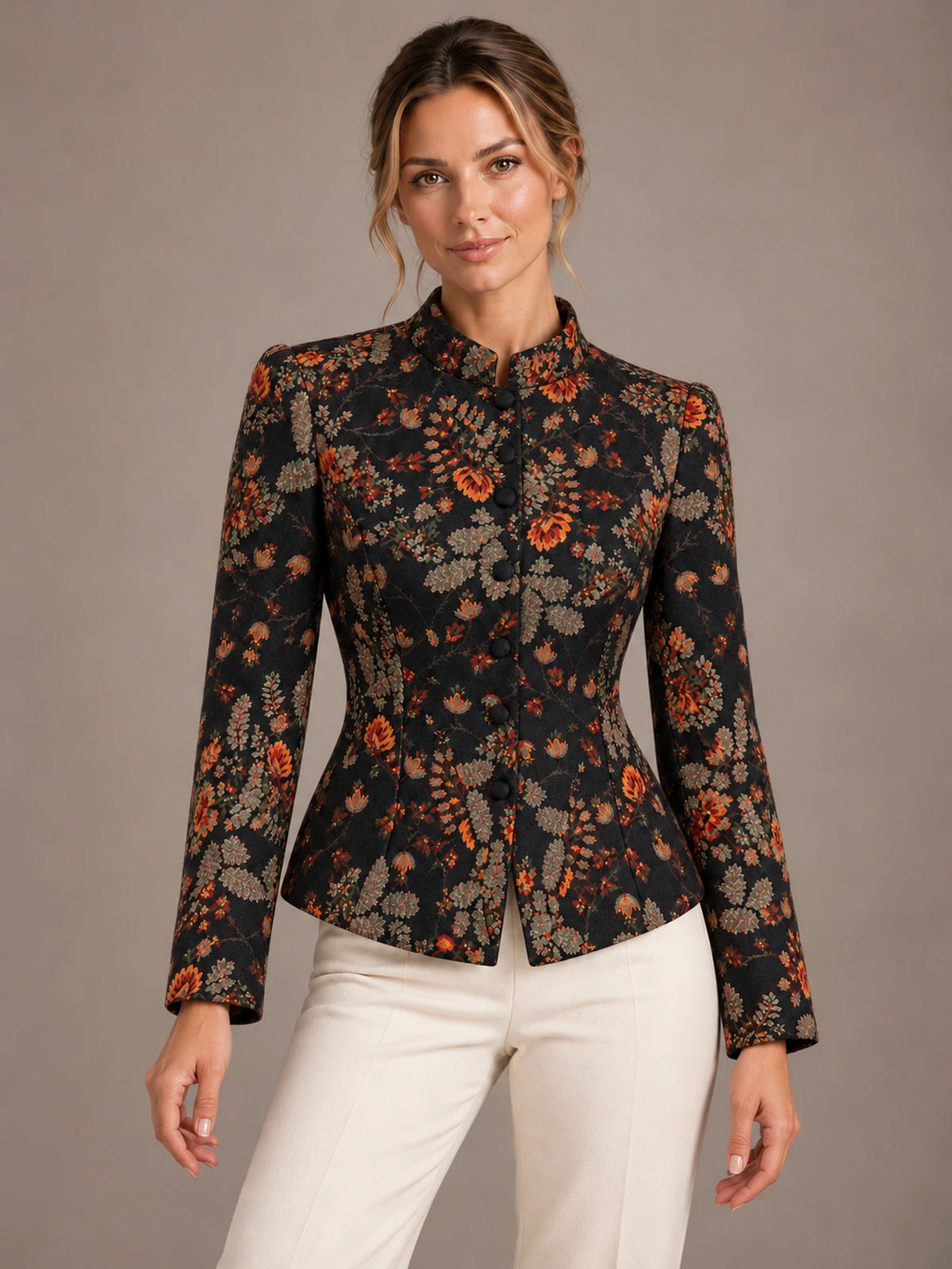 Women's Floral Jacquard Jacket – Stand Collar Fitted Peplum in Black Floral, front view