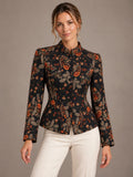 Women's Floral Jacquard Jacket – Stand Collar Fitted Peplum in Black Floral, front view