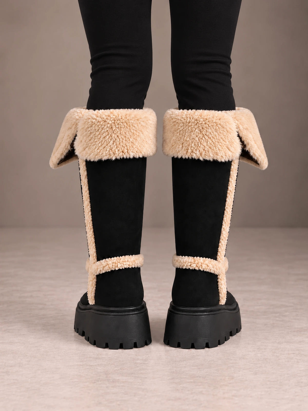 Women's Fold Down Fleece Trim Knee Boots – Chunky Sole Faux Suede in Black, back view