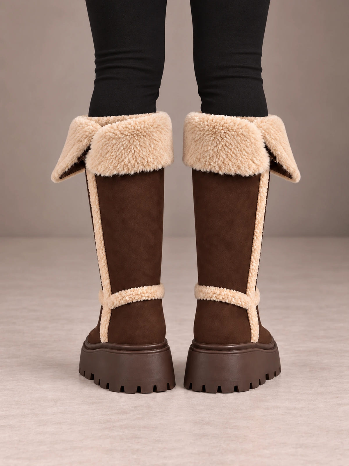Women's Fold Down Fleece Trim Knee Boots – Chunky Sole Faux Suede in Chocolate, back view