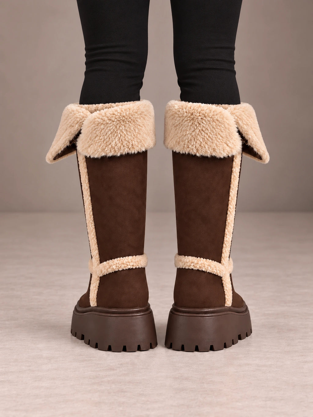 Women's Fold Down Fleece Trim Knee Boots – Chunky Sole Faux Suede in Chocolate, back view