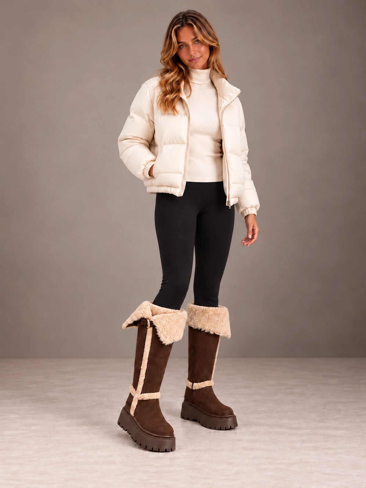 Women's Fold Down Fleece Trim Knee Boots – Chunky Sole Faux Suede in Chocolate, on model view