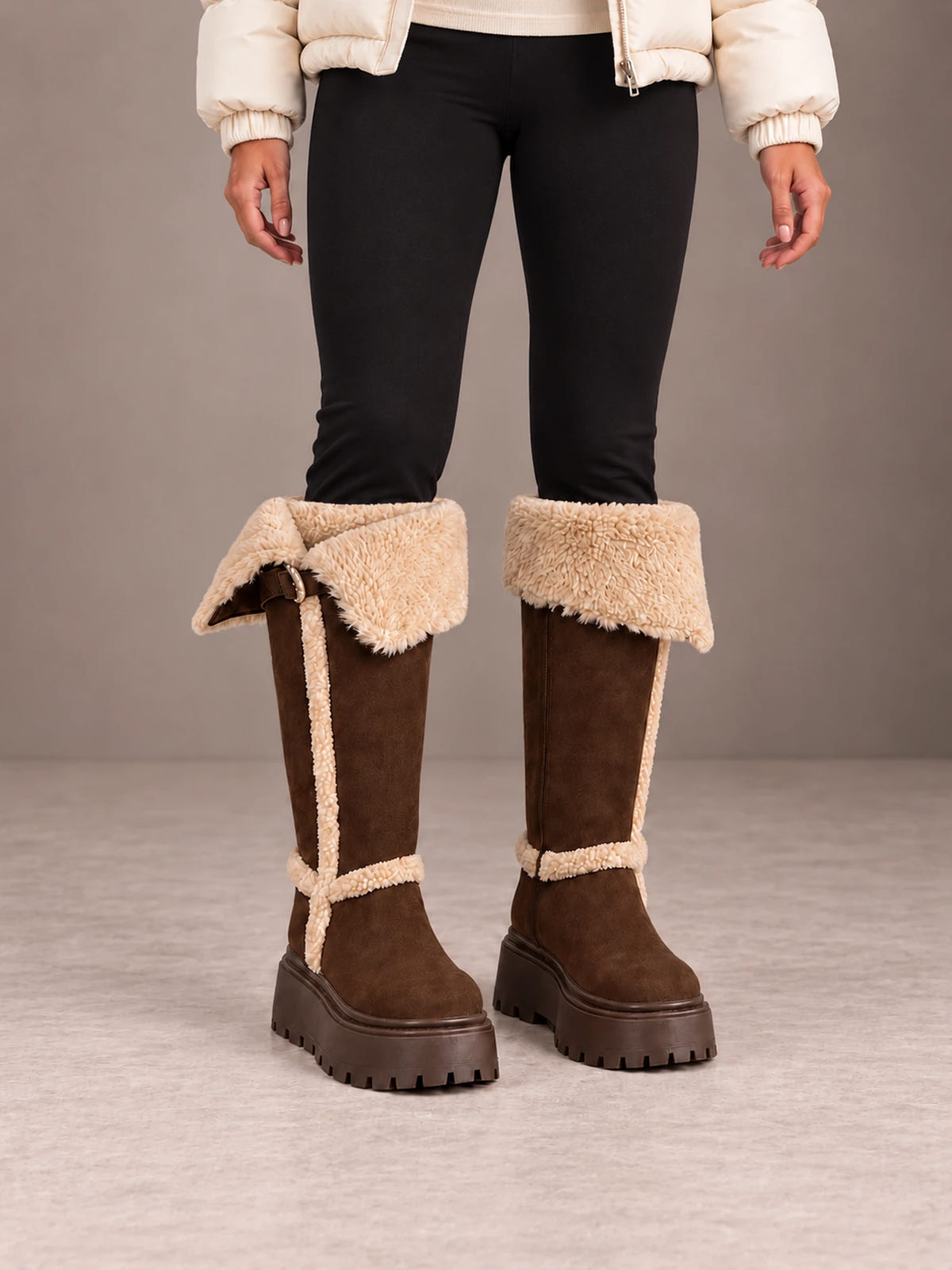 Women's Fold Down Fleece Trim Knee Boots – Chunky Sole Faux Suede in Chocolate, front view