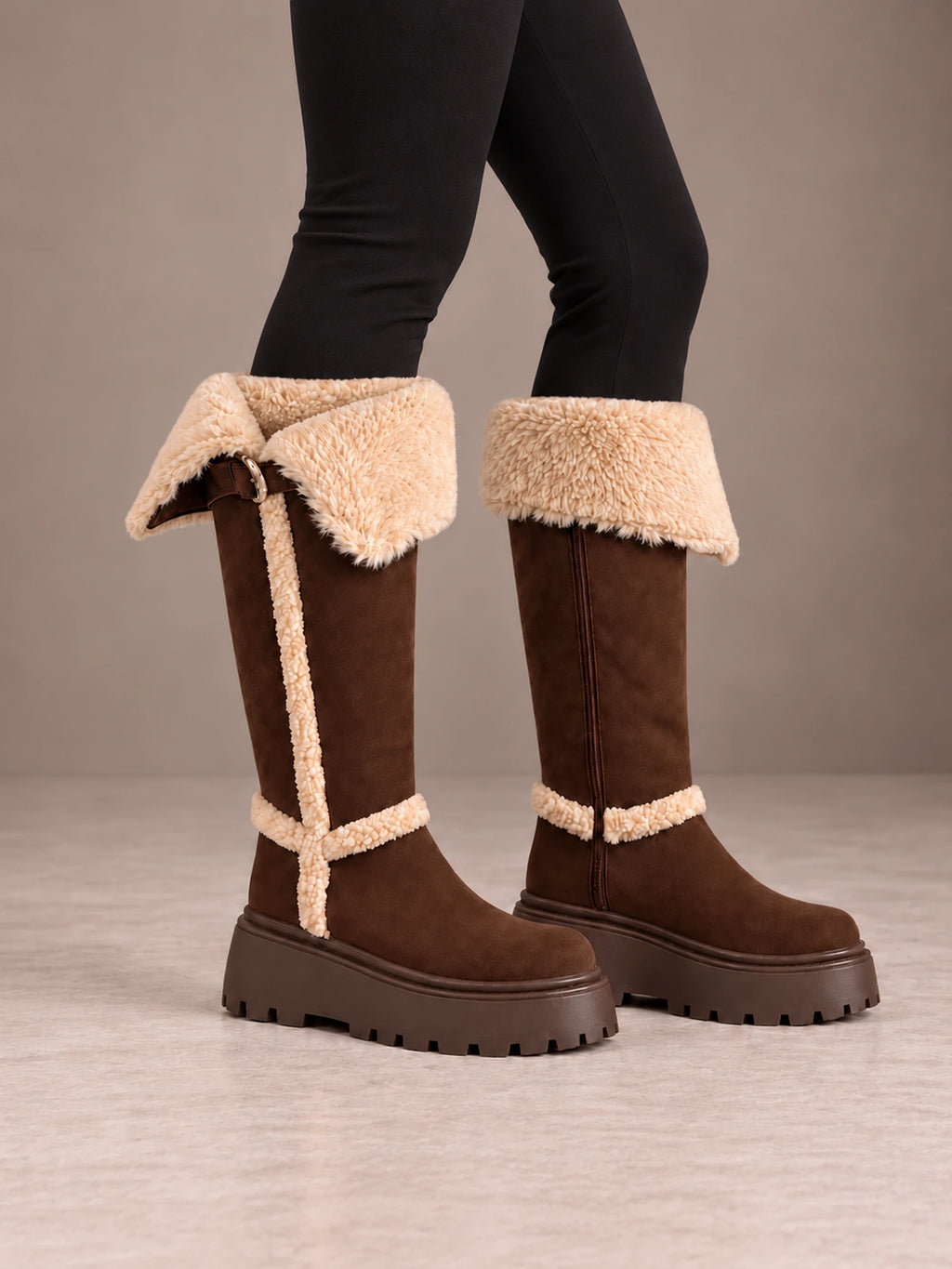 Women's Fold Down Fleece Trim Knee Boots – Chunky Sole Faux Suede in Chocolate, side view