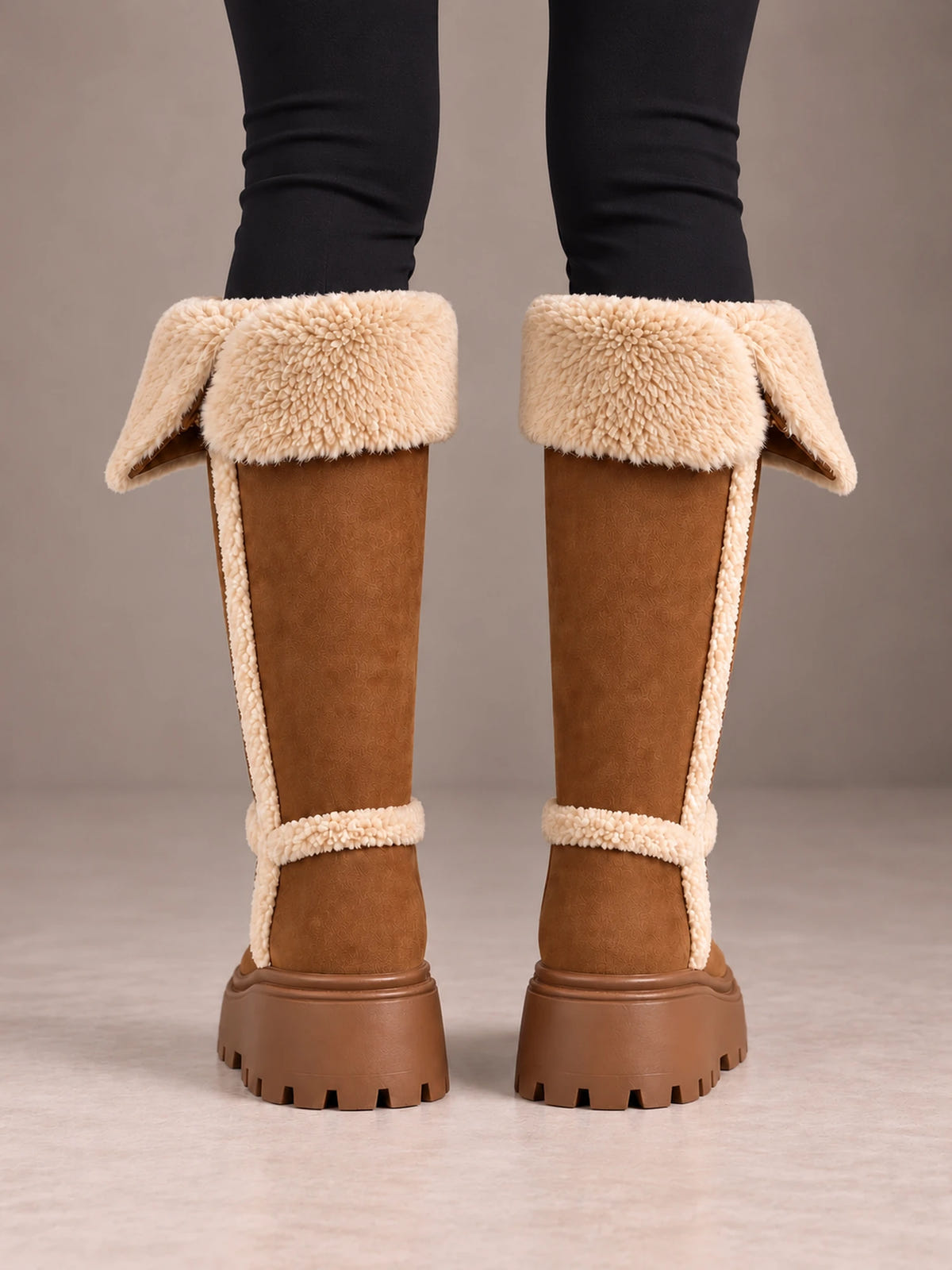 Women's Fold Down Fleece Trim Knee Boots – Chunky Sole Faux Suede in Tan, back view