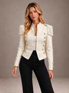 Women's Fringed Epaulette Military Jacket – Braided Gold Button in Ivory, front view