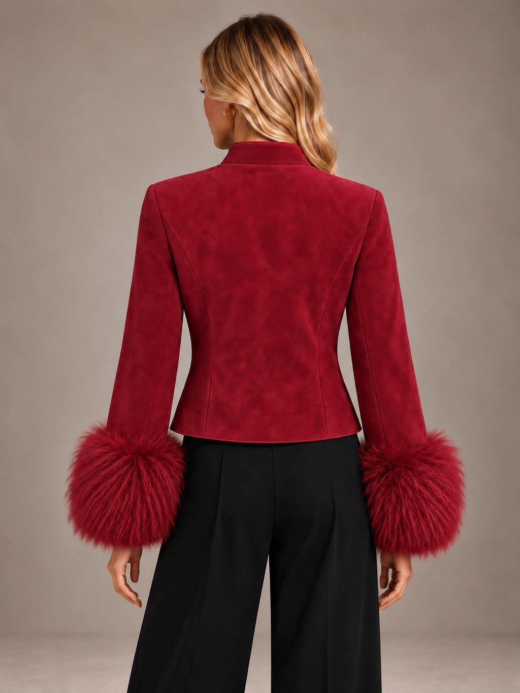 Women's Frog Closure Jacket – Faux Fur Cuff Cropped Red in Red, back view