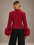 Women's Frog Closure Jacket – Faux Fur Cuff Cropped Red in Red, back view