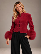 Women's Frog Closure Jacket – Faux Fur Cuff Cropped Red in Red, on model view