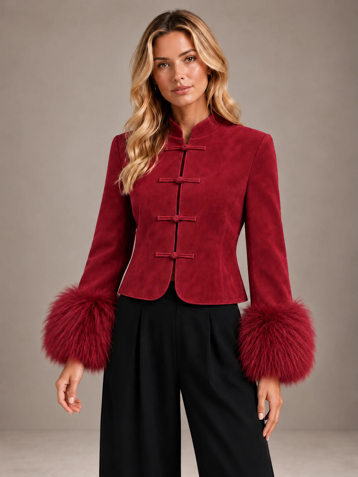 Women's Frog Closure Jacket – Faux Fur Cuff Cropped Red in Red, front view