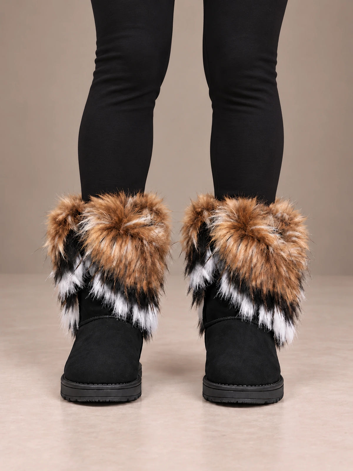 Women's Faux Fur Cuff Snow Boots – Striped Fur Ankle Boots in Black / Brown Fur, front view