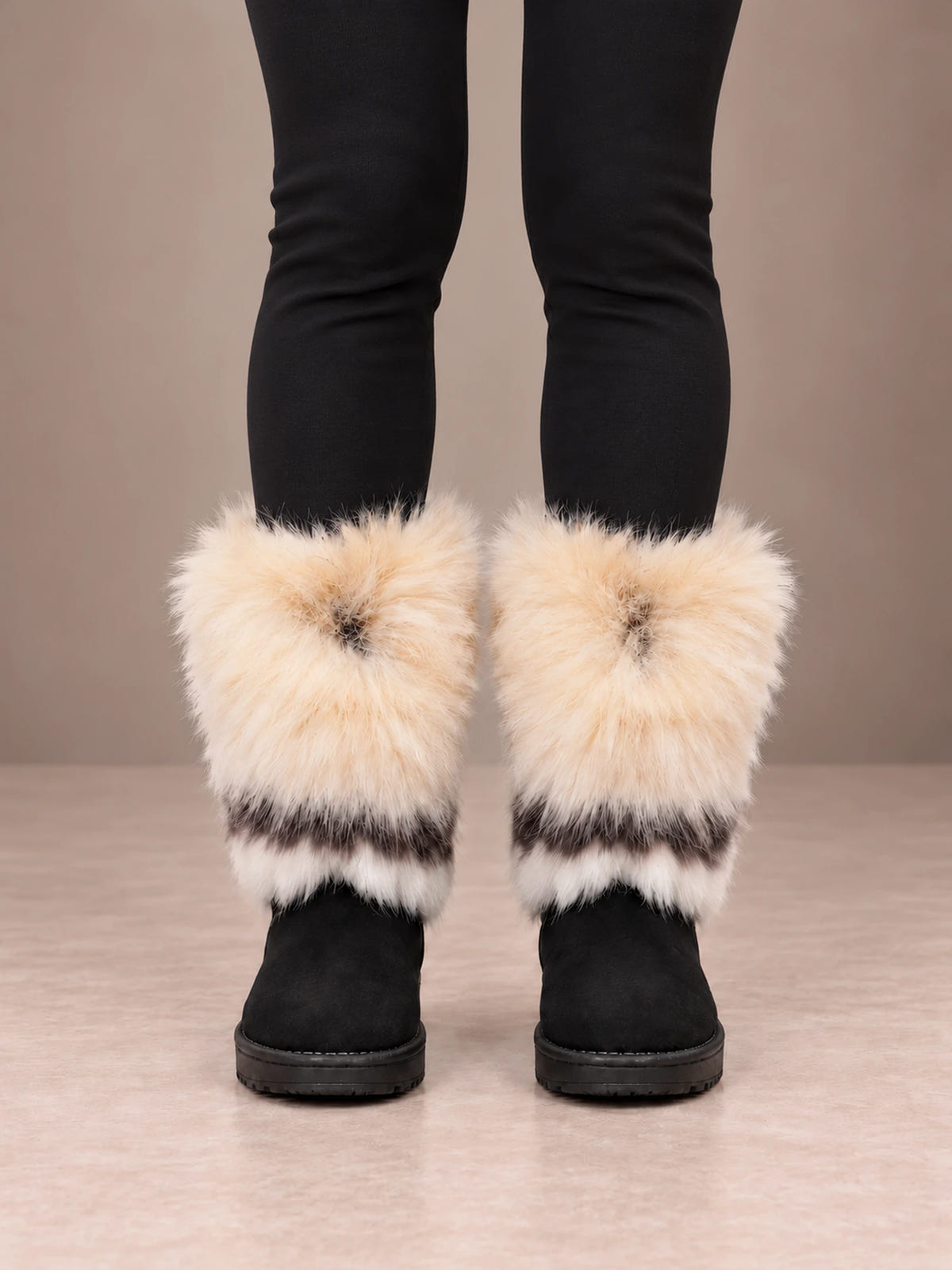 Women's Faux Fur Cuff Snow Boots – Striped Fur Ankle Boots in Black / Cream Fur, front view