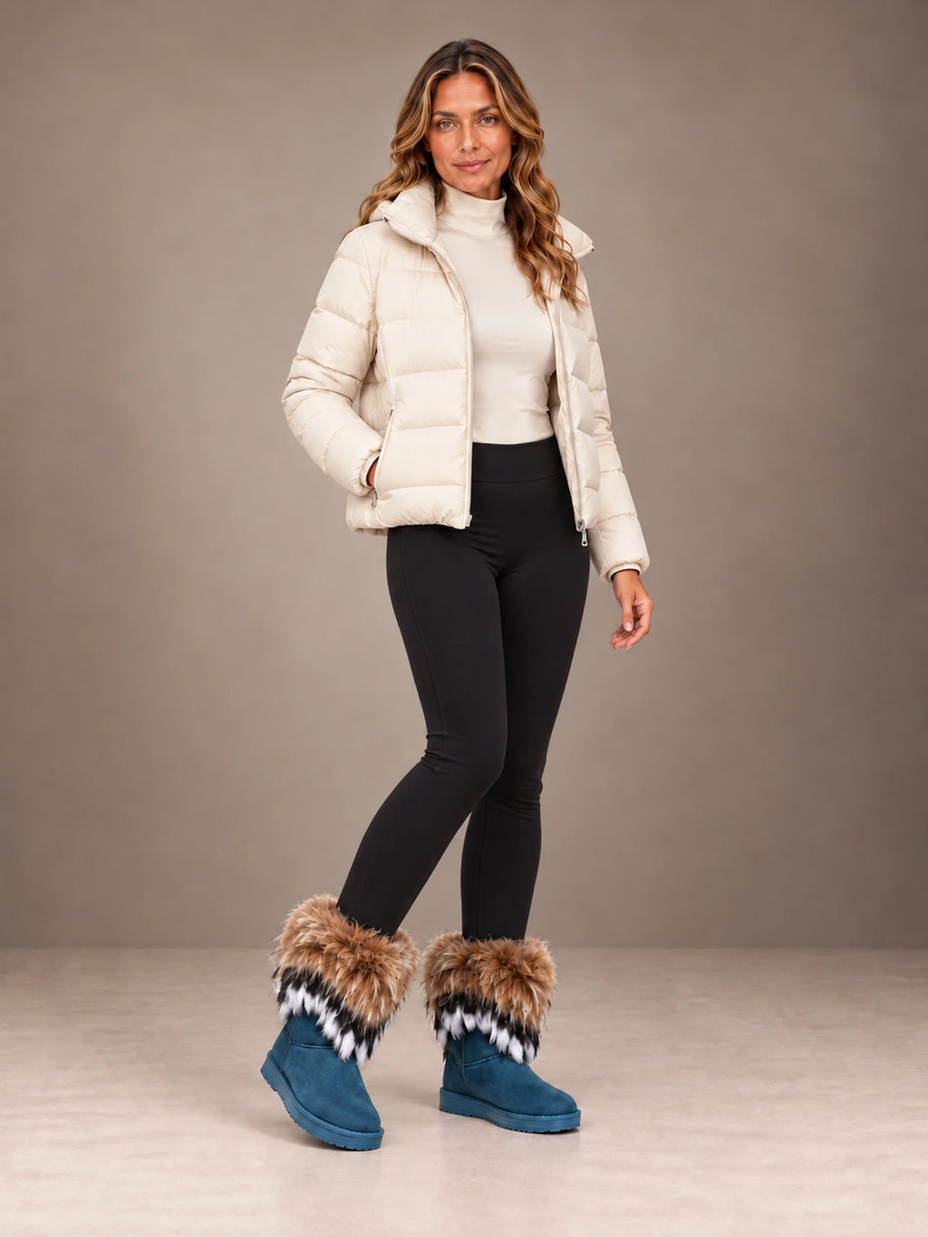 Women's Faux Fur Cuff Snow Boots – Striped Fur Ankle Boots in Blue / Brown Fur, on model view