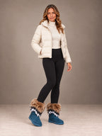 Women's Faux Fur Cuff Snow Boots – Striped Fur Ankle Boots in Blue / Brown Fur, on model view