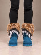 Women's Faux Fur Cuff Snow Boots – Striped Fur Ankle Boots in Blue / Brown Fur, front view