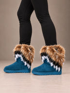 Women's Faux Fur Cuff Snow Boots – Striped Fur Ankle Boots in Blue / Brown Fur, side view