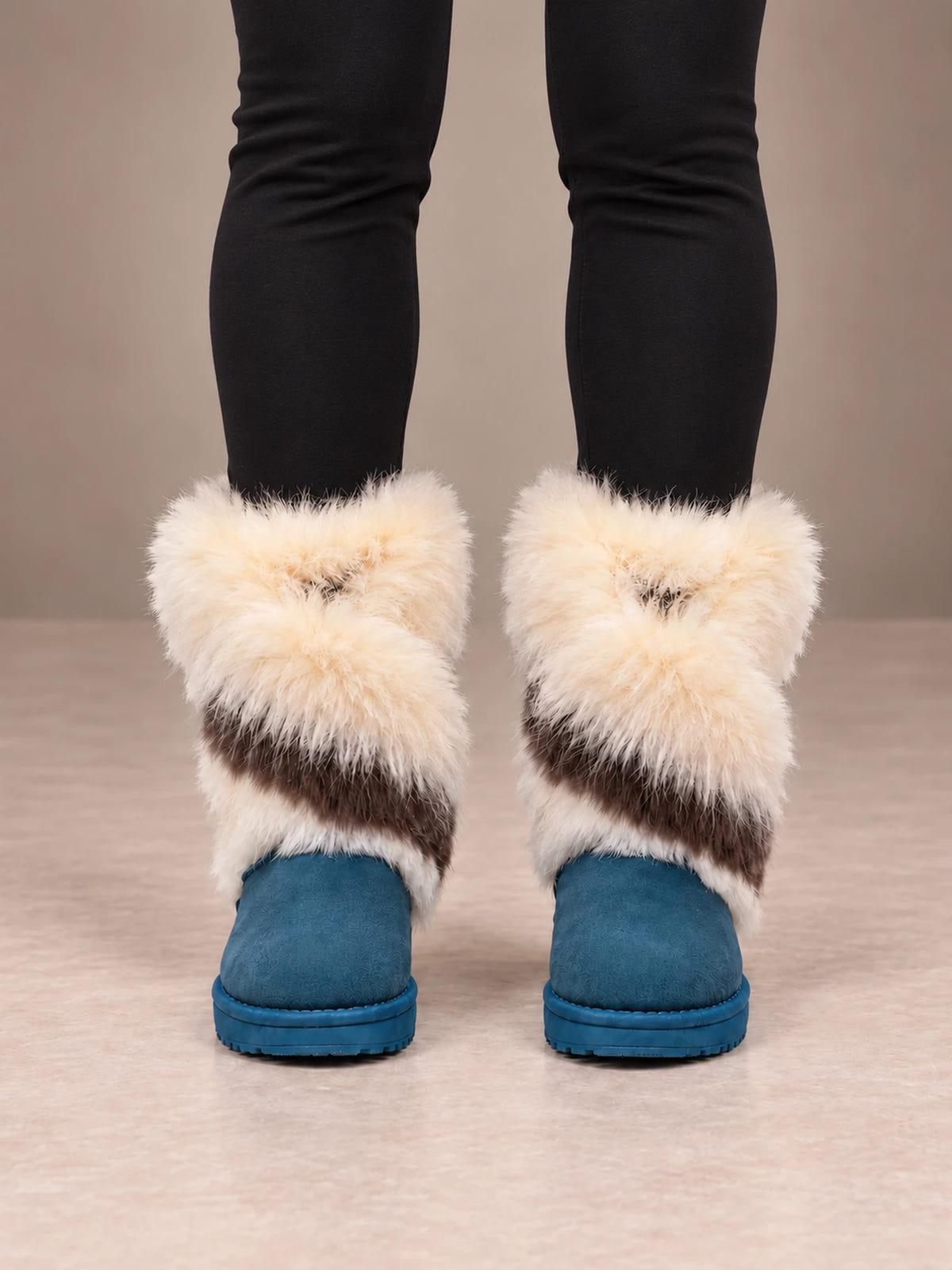 Women's Faux Fur Cuff Snow Boots – Striped Fur Ankle Boots in Blue / Cream Fur, front view
