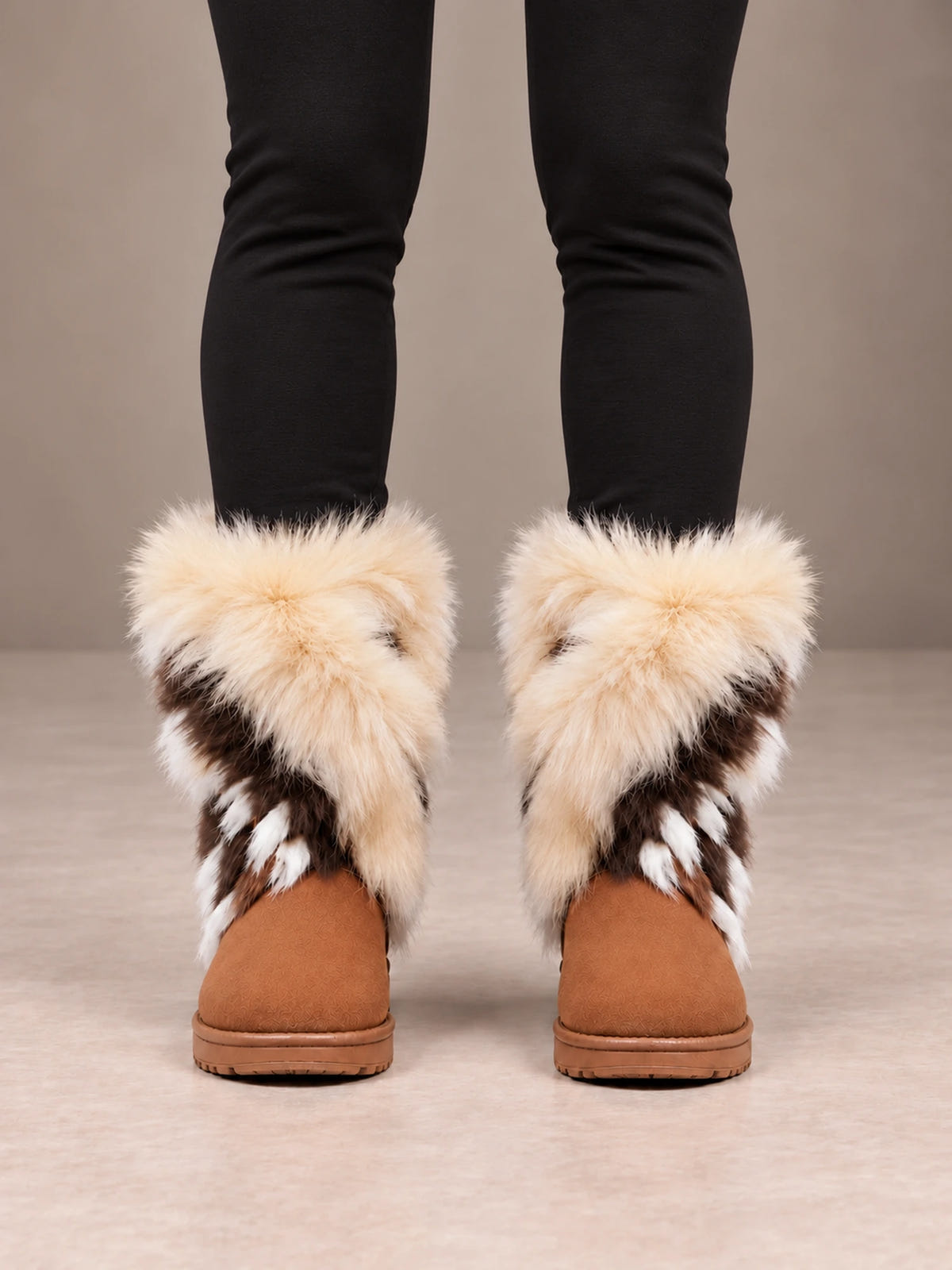 Women's Faux Fur Cuff Snow Boots – Striped Fur Ankle Boots in Tan / Cream Fur, front view