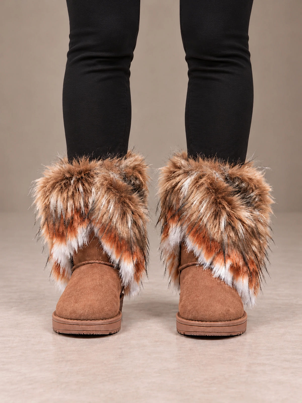 Women's Faux Fur Cuff Snow Boots – Striped Fur Ankle Boots in Tan / Mixed Fur, front view