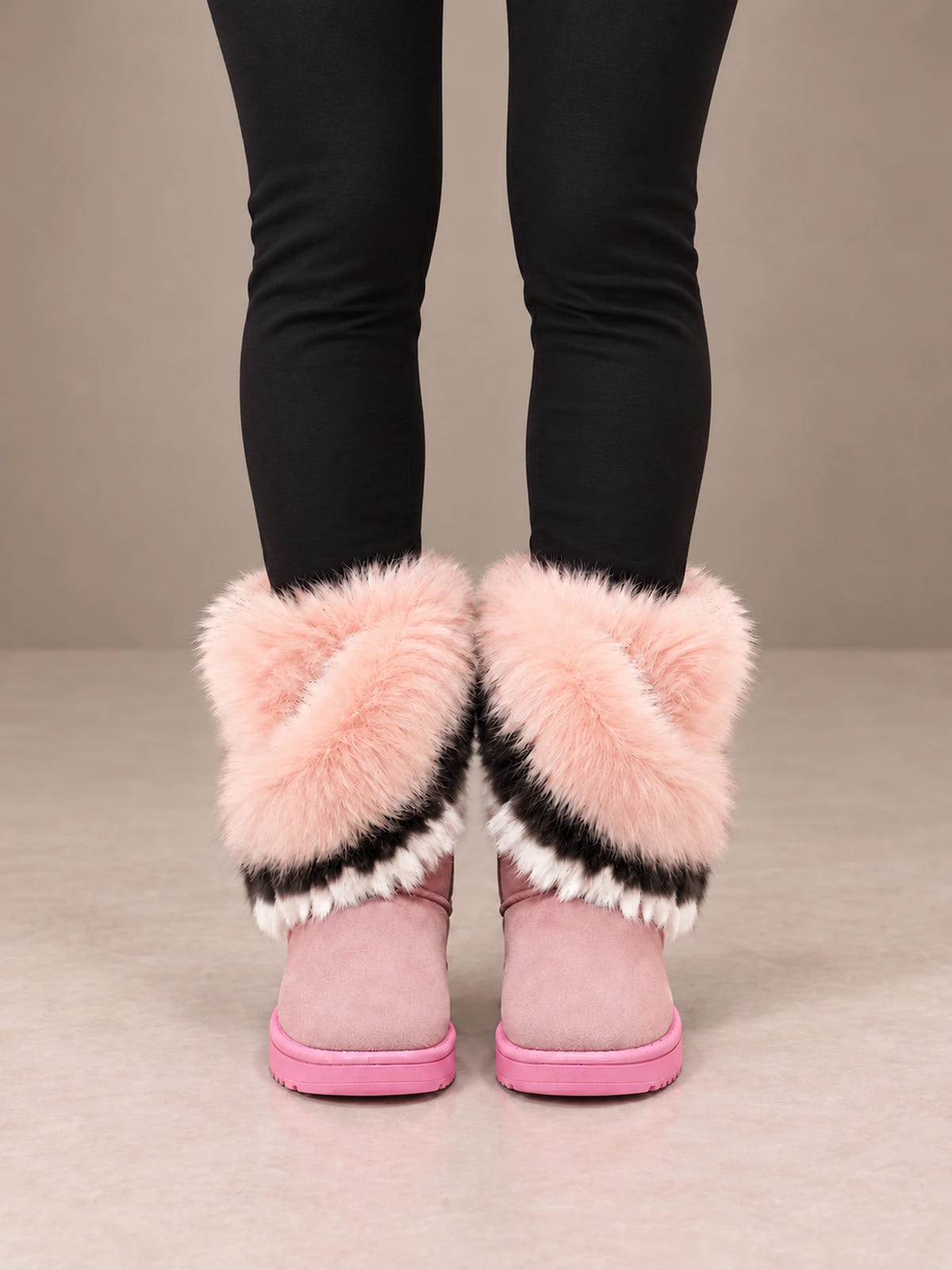 Women's Faux Fur Cuff Snow Boots – Striped Fur Ankle Boots in Pink, front view