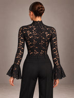 Women's Lace Bodysuit – High Neck Flared Sleeve Occasion Top in Black, back view