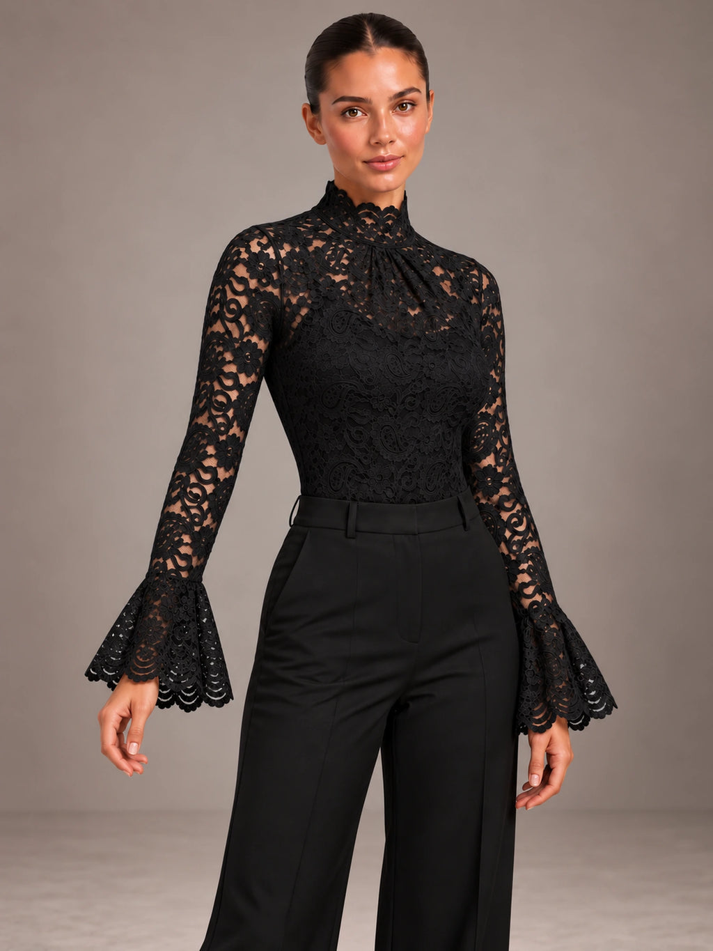 Women's Lace Bodysuit – High Neck Flared Sleeve Occasion Top in Black, on model view