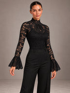 Women's Lace Bodysuit – High Neck Flared Sleeve Occasion Top in Black, on model view