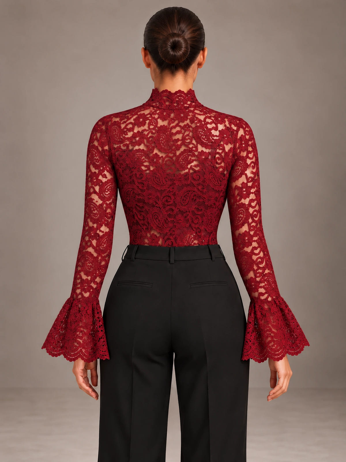 Women's Lace Bodysuit – High Neck Flared Sleeve Occasion Top in Burgundy, back view