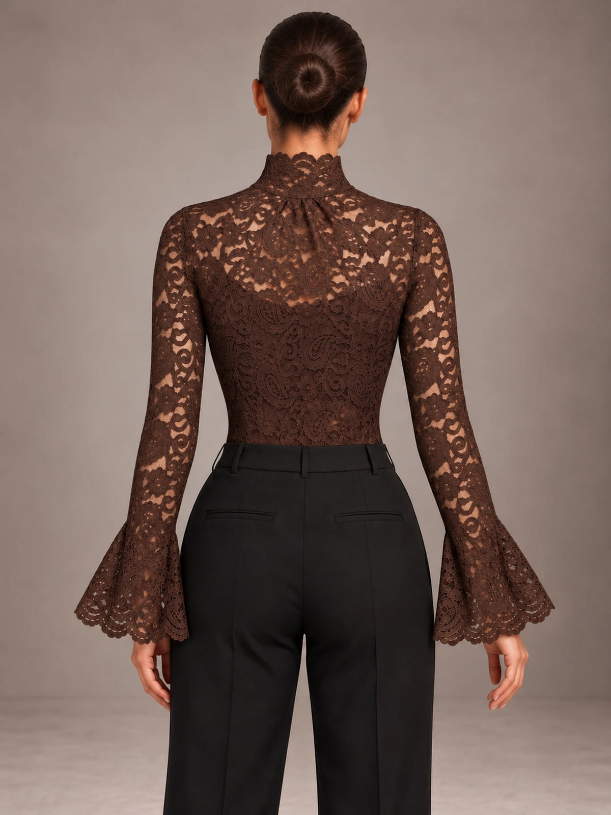 Women's Lace Bodysuit – High Neck Flared Sleeve Occasion Top in Chocolate, back view