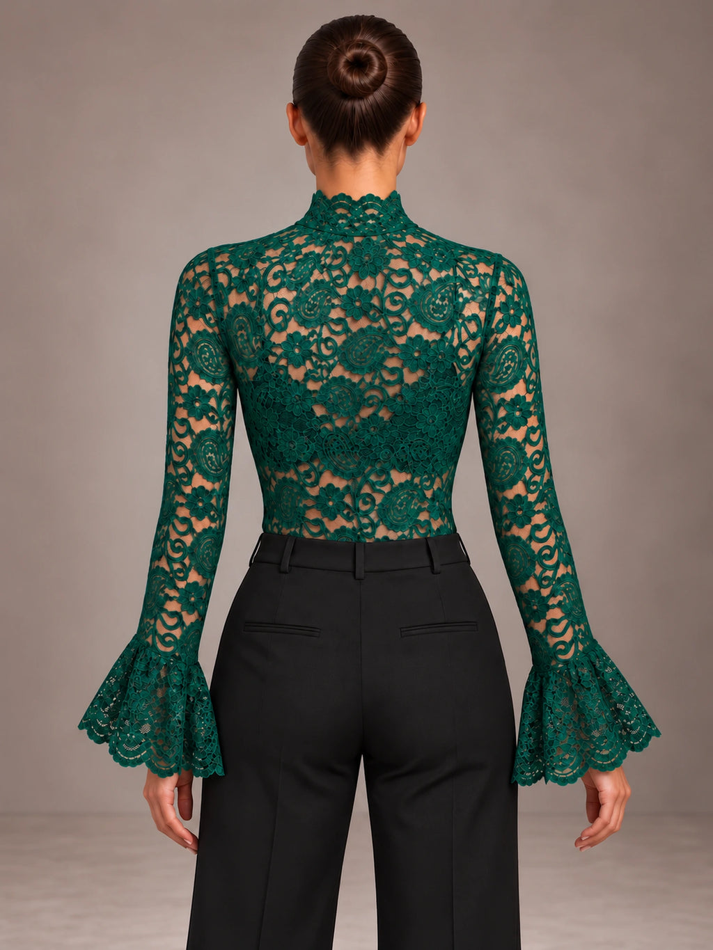 Women's Lace Bodysuit – High Neck Flared Sleeve Occasion Top in Forest Green, back view