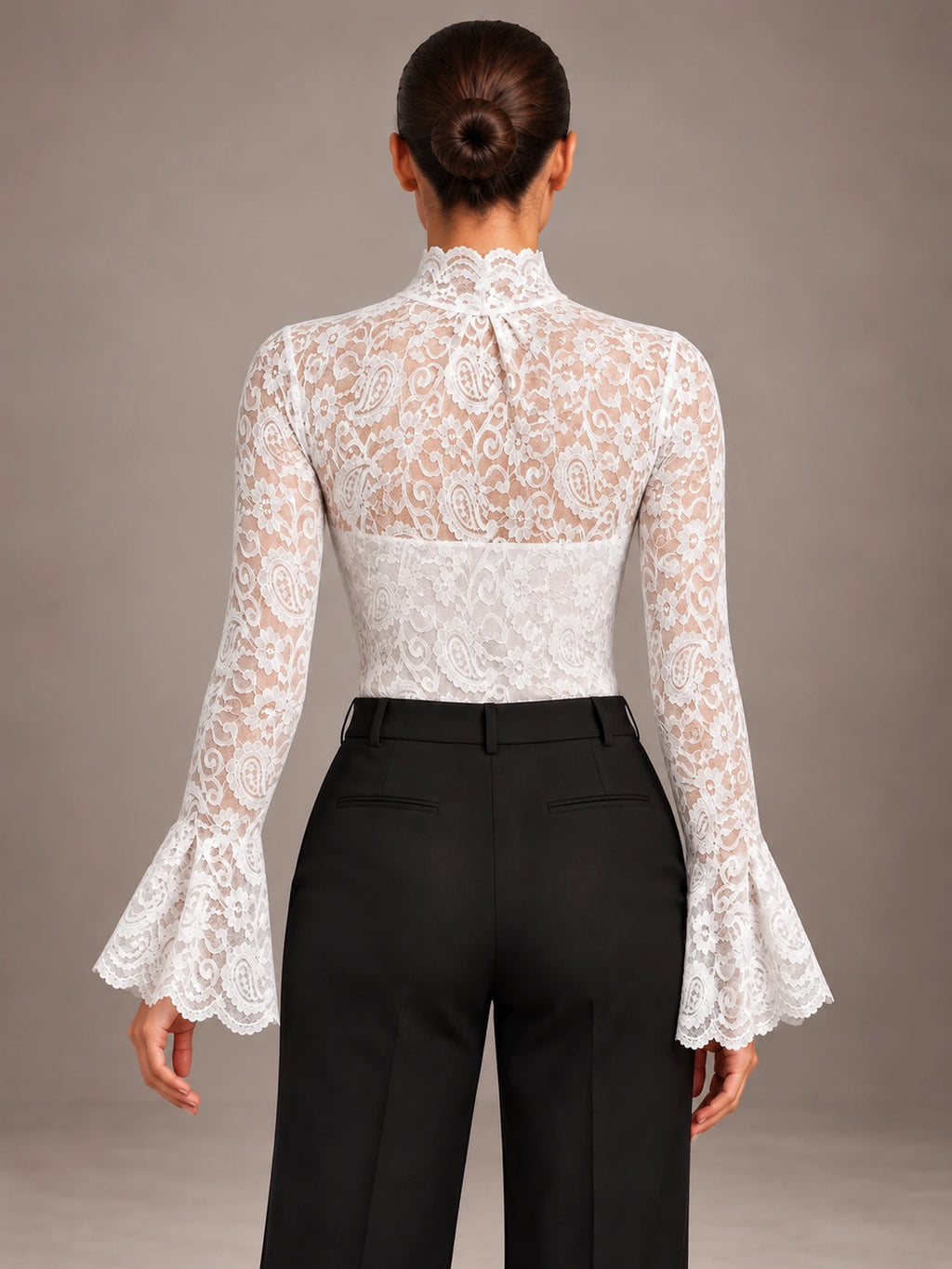 Women's Lace Bodysuit – High Neck Flared Sleeve Occasion Top in White, back view