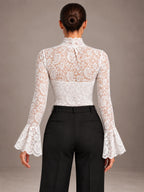 Women's Lace Bodysuit – High Neck Flared Sleeve Occasion Top in White, back view