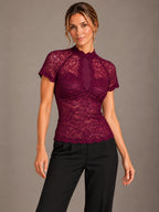 Women's Lace Keyhole Top – High Neck Short Sleeve Sheer Blouse in Burgundy, on model view
