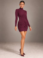Women's Ruched Bodycon Dress – Mock Neck Burgundy Mini in Burgundy, on model view