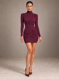 Women's Ruched Bodycon Dress – Mock Neck Burgundy Mini in Burgundy, front view