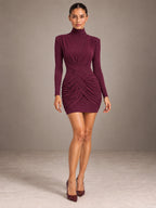 Women's Ruched Bodycon Dress – Mock Neck Burgundy Mini in Burgundy, front view
