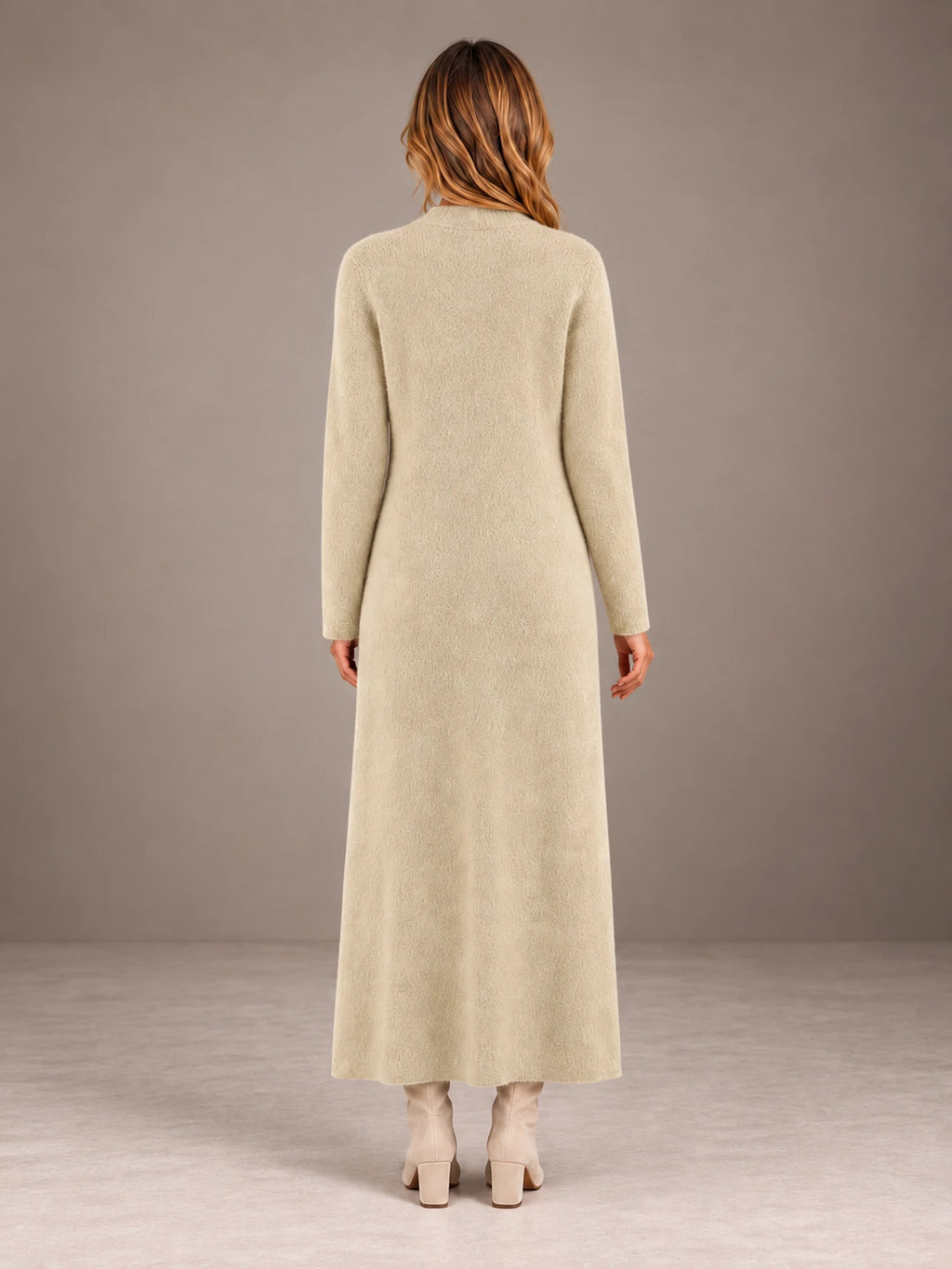 Women's Keyhole Knit Maxi Dress – Long Sleeve Fitted Sweater Dress in Beige, back view