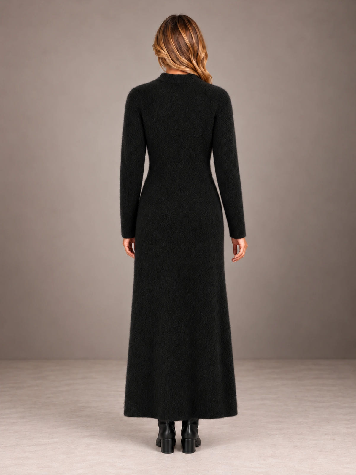 Women's Keyhole Knit Maxi Dress – Long Sleeve Fitted Sweater Dress in Black, back view
