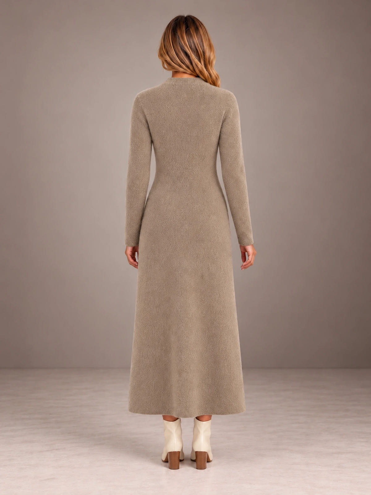 Women's Keyhole Knit Maxi Dress – Long Sleeve Fitted Sweater Dress in Taupe, back view