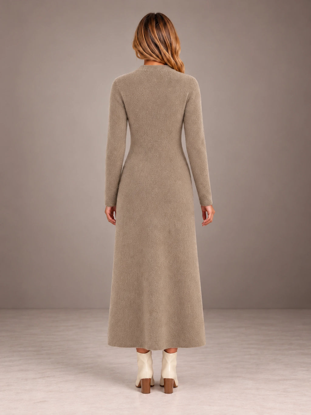 Women's Keyhole Knit Maxi Dress – Long Sleeve Fitted Sweater Dress in Taupe, back view
