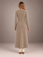 Women's Keyhole Knit Maxi Dress – Long Sleeve Fitted Sweater Dress in Taupe, back view
