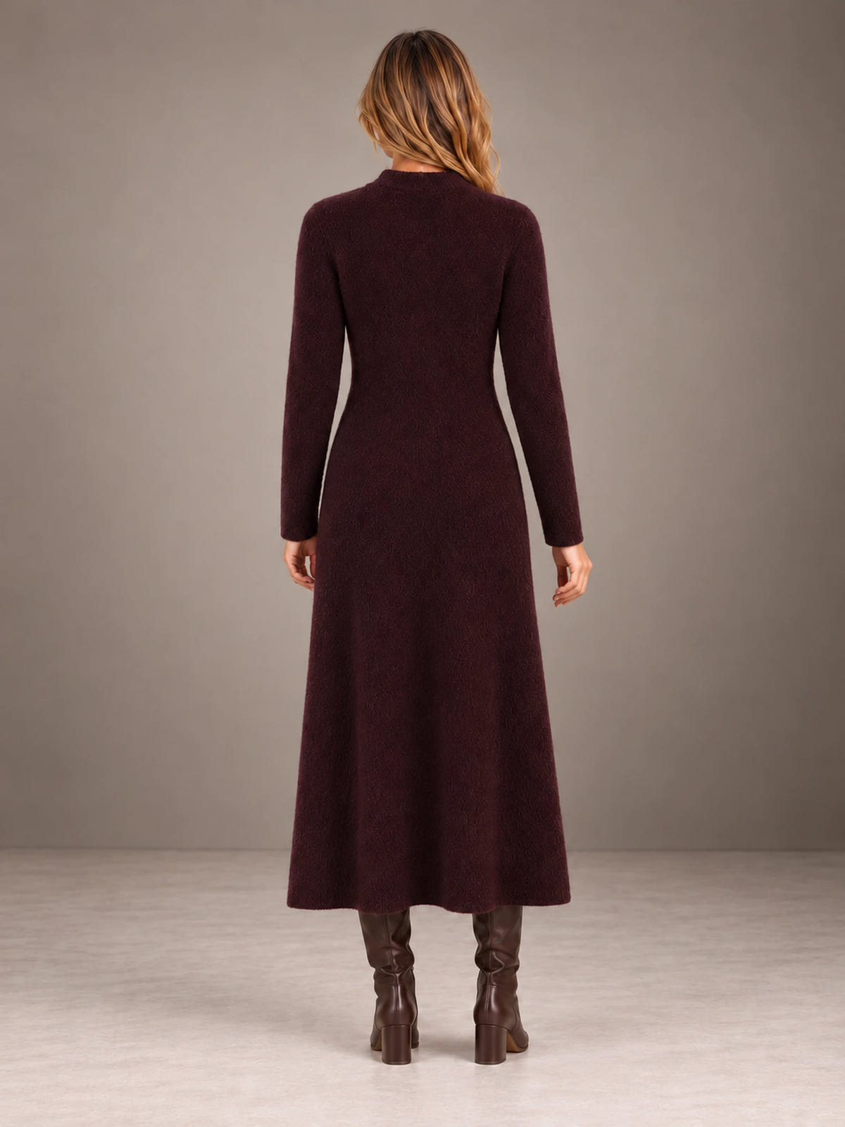 Women's Keyhole Knit Maxi Dress – Long Sleeve Fitted Sweater Dress in Plum, back view