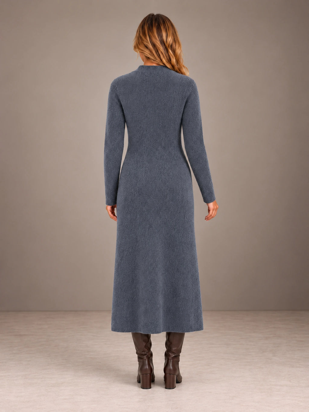 Women's Keyhole Knit Maxi Dress – Long Sleeve Fitted Sweater Dress in Slate Gray, back view